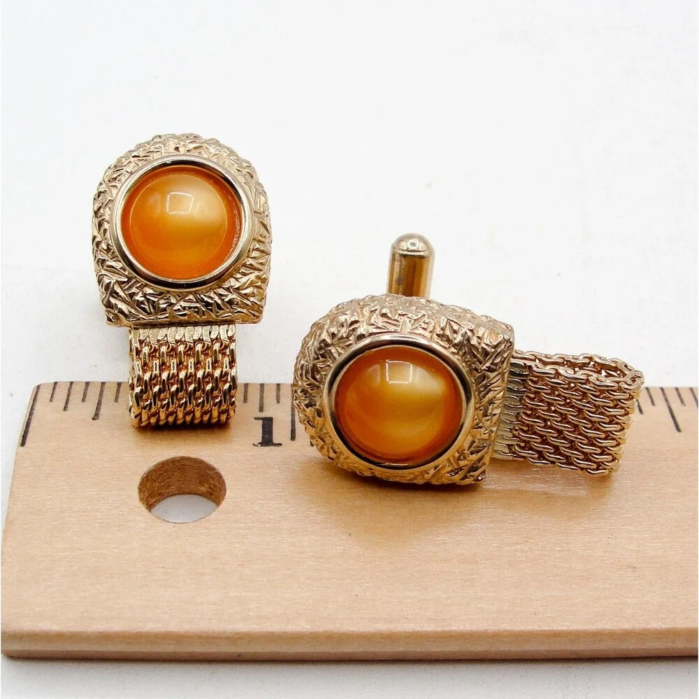 Vintage Swank Orange Moonglow Cabochon Gold Tone Mesh Wrap Around Cufflinks MCM